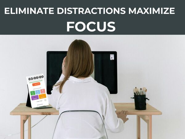 Minimalist distraction-free workspace with woman using 3-hour timer for focused deep work session at clean organised desk