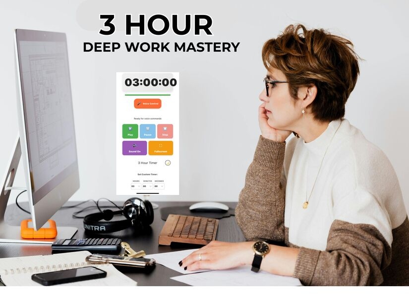 Person focused on desktop computer using a 3 hour deep work timer app for productivity mastery