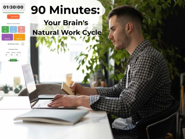 Professional working at organized desk with laptop and timer showing 90 minutes for focused productivity session