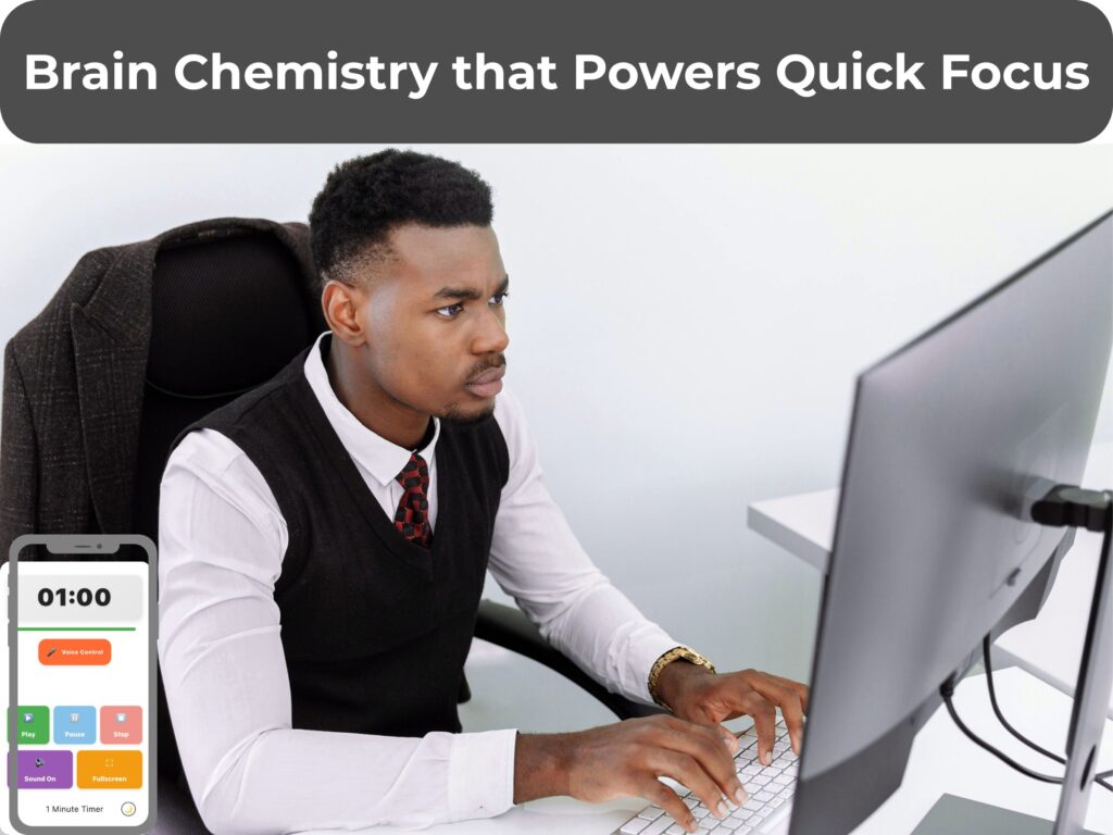 What can you do in 1 minute? Professional using a 1 minute timer at a computer workstation for a focused work session.