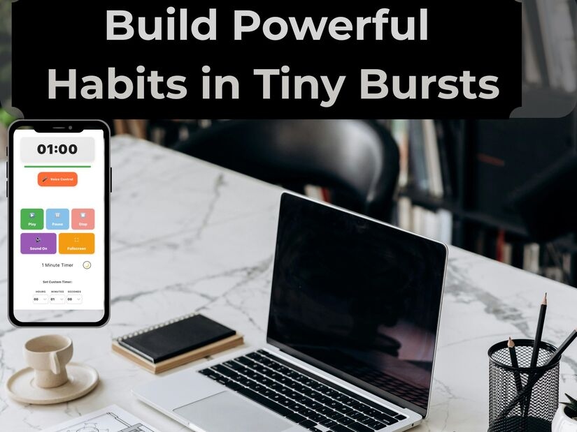 Workspace with laptop and 1 minute timer showing habit building through short focused bursts