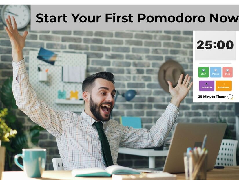 Man celebrating successful Pomodoro session completion with arms raised at workspace showing 25-minute timer