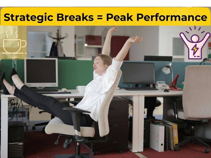 Woman stretching at desk during Pomodoro break demonstrating active recovery for sustained productivity