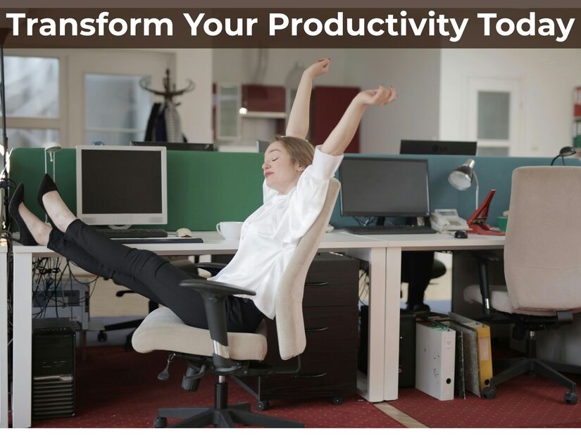 Satisfied professional celebrating completed productive work session using effective time management technique