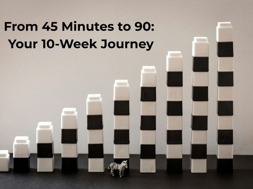 Stacked blocks showing progressive growth from small to large illustrating gradual 10-week journey building focus capacity from 45 minutes to 90-minute work sessions
