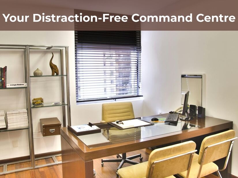 Clean organized minimalist desk workspace with laptop notebook and water bottle showing distraction-free command centre for focused 90-minute work sessions