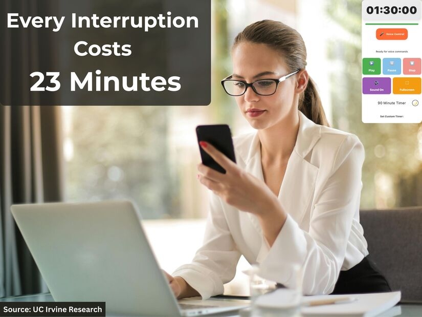 Professional woman distracted by phone while working on laptop with timer showing interruption costs 23 minutes of productivity based on UC Irvine research
