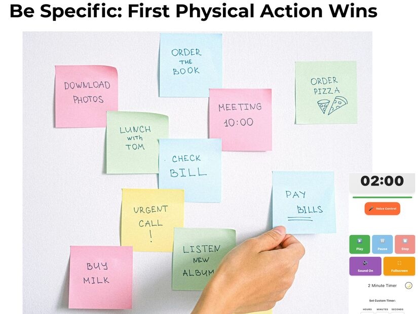 Hand organizing colorful sticky notes showing specific first actions for tasks, with 2 minute timer visible, demonstrating task breakdown strategy