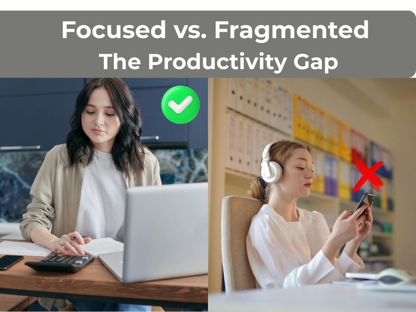 Comparison of a focused woman using a 90 minute timer on her laptop versus a distracted person on their phone showing a productivity gap
