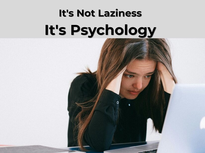 Why do I procrastinate? Professional experiencing procrastination guilt and anxiety while avoiding important work deadline at laptop