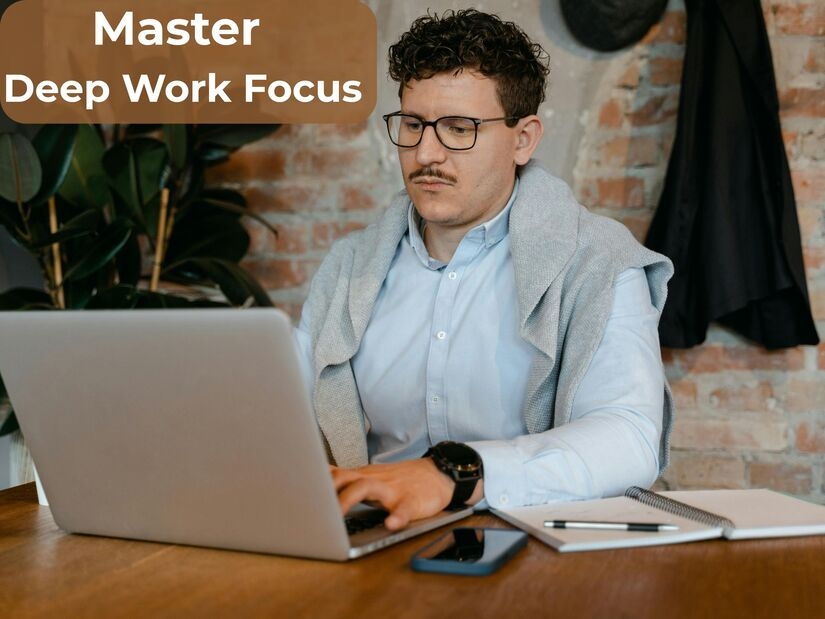 A Professional demonstrating deep work techniques with focused concentration on laptop in minimal distraction workspace