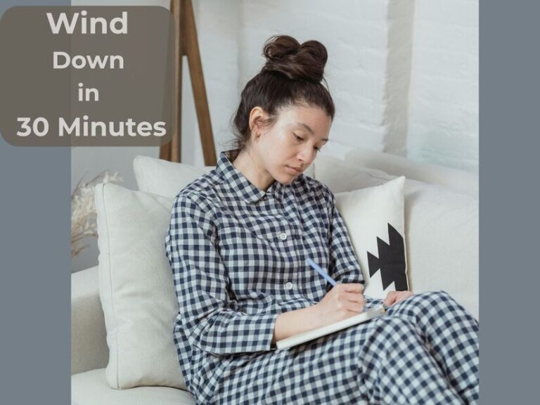 Woman writing evening journal with evening routine ideas as part of relaxing night ritual for better sleep showing peaceful wind-down practice