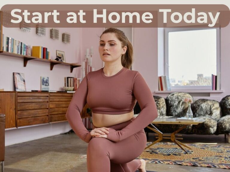 Beginner performing lunge exercise demonstrating proper form for home workout routine for beginners without equipment