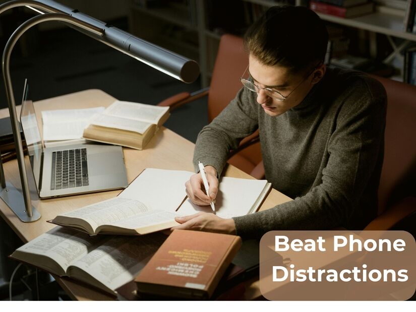 Student studying at desk without phone demonstrating how to limit screen time while studying with focused concentration on physical books and notes