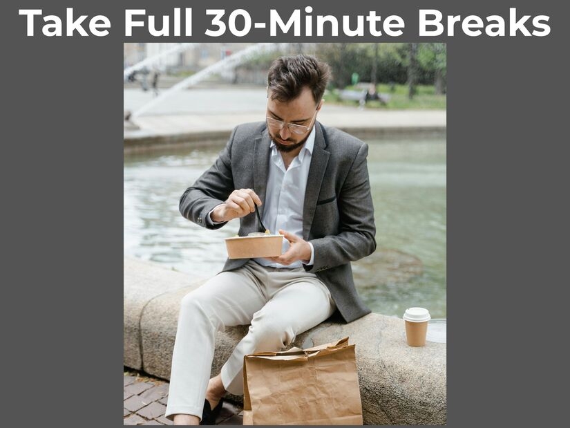 Professional taking 30-minute lunch break outdoors showing how long work breaks should be for midday recovery