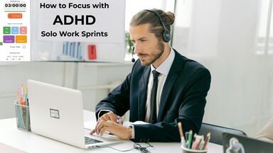 A professional wearing a headset at a desk using a timer to show how to focus with adhd during work sprints.