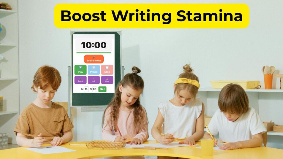 Four students practicing behavior management at a yellow desk during a timed 10-minute classroom focus session to build writing stamina