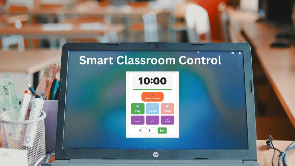 Smart classroom control POV showing a teacher's laptop running a 10 minute digital interval timer to manage student behaviour.