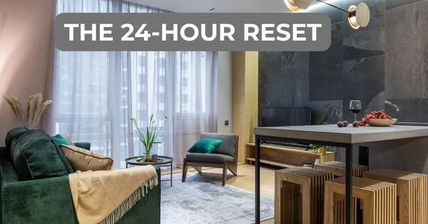 Tidy modern living room showcasing the 'The 24-Hour Reset' 5-minute timed cleaning routine