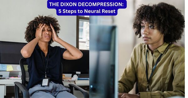 A split-screen showing a stressed worker vs a person using the palm-over-eyes decompression technique.
