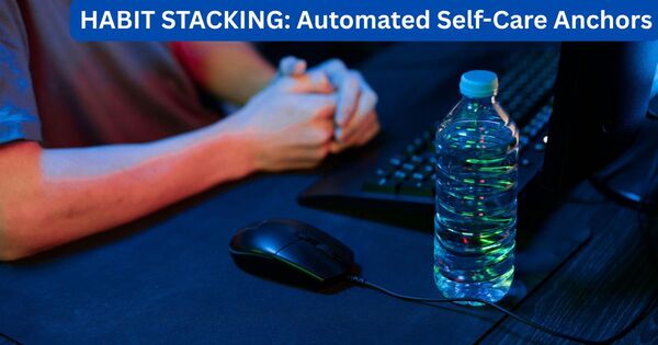 A close-up of a minimalist desk setup featuring a water bottle and a computer mouse, illustrating environmental anchors for mental health breaks at work.