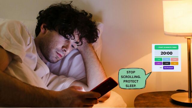 A person in bed using a smartphone late at night with a 20-minute digital sunset timer showing how to stop scrolling at night