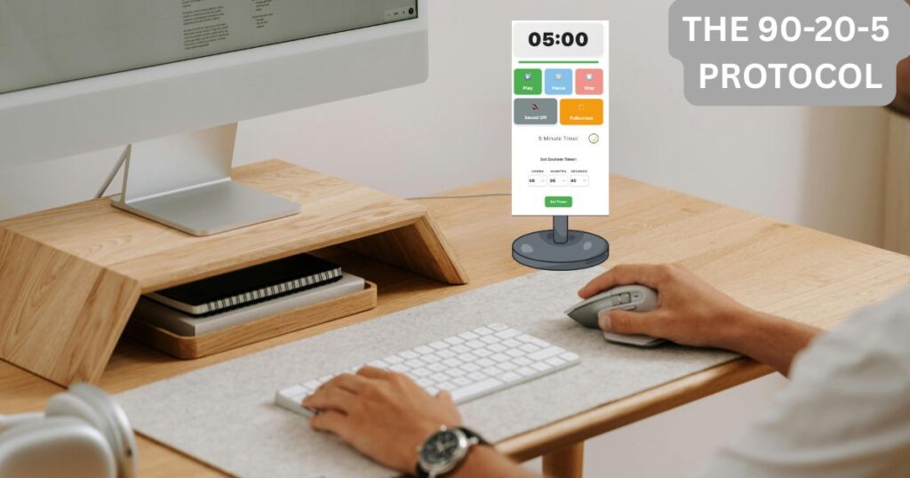 A person using a desk timer to implement the 90-20-5 protocol for mental health breaks at work.