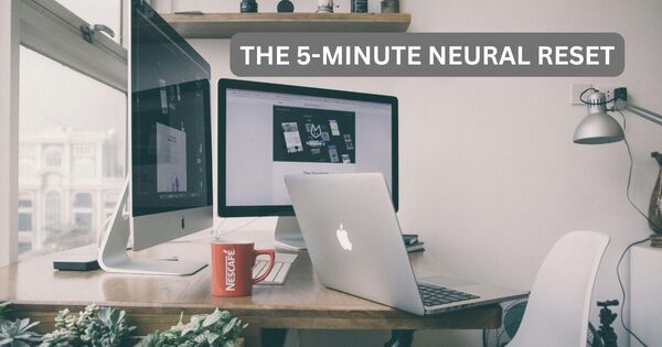 A POV home office setup used to demonstrate mental health breaks at work through a 5-minute neural reset and ocular protocol