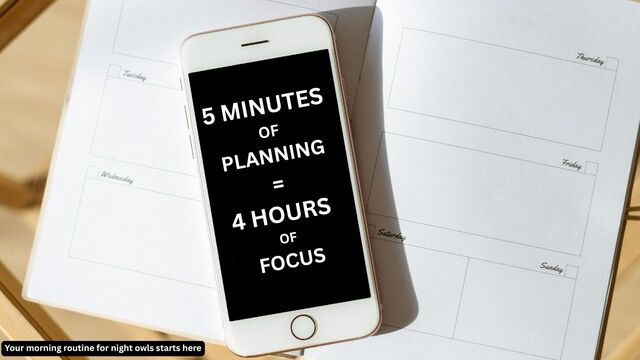 A weekly planner and smartphone displaying a morning routine for night owls using a 5 minute planning timer.
