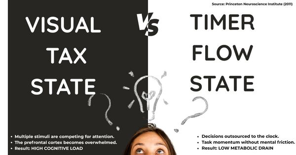 A split-screen infographic comparing Visual Tax State vs. Timer Flow State based on Princeton Neuroscience research.