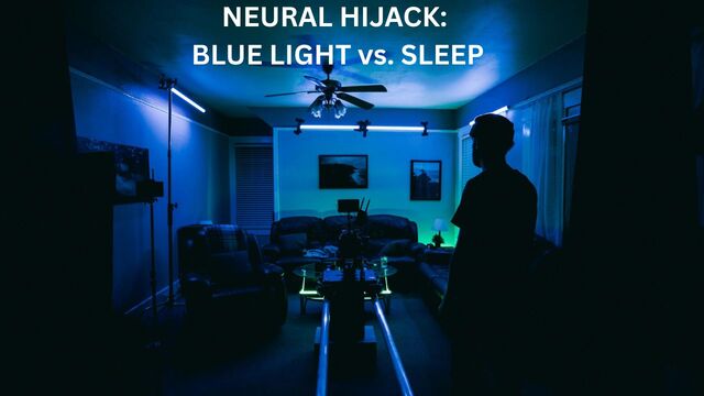 Blue-lit room showing how to stop scrolling at night by preventing the neural hijack of blue light on sleep.