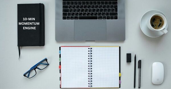 A high-productivity desk setup featuring a 10 minute timer strategy labeled as the Momentum Engine on a notebook to help break procrastination