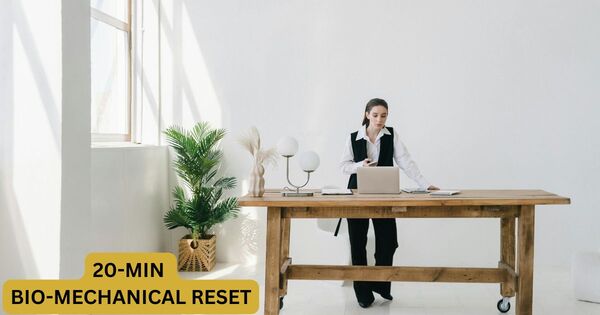 A professional standing up to work at a wooden desk in a bright, modern office to execute a 20 minute timer movement break.