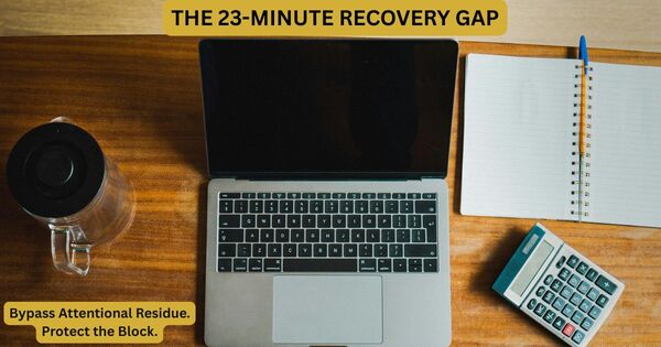 Infographic explaining the 23-minute focus recovery gap and how using a 25 minute timer protects against attentional residue.