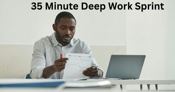 A person focusing intensely at a desk during a 35 minute timer session to boost productivity.