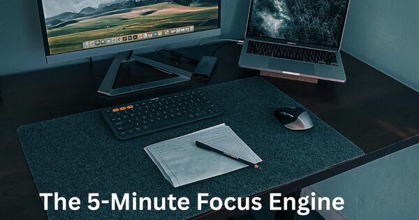 A professional digital workstation with a monitor and laptop, representing the 5-minute timer focus protocol.
