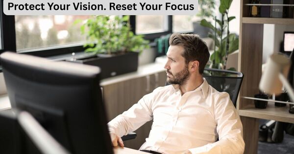 A person performing an ocular reset by looking out a window during a 5 minute timer break.