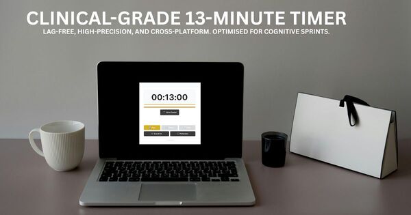 clinical grade 13 minute timer on a minimalist office desk with professional text overlay