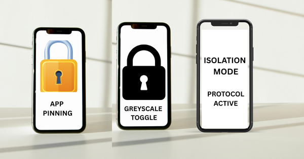 A high-contrast three-panel infographic showing app pinning setup, a grayscale toggle, and a smartphone locked into horizontal landscape mode.