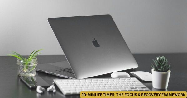 A premium, minimalist tech workspace featuring an open silver laptop, wireless keyboard, and office plants arranged for a structured 20 minute timer session.