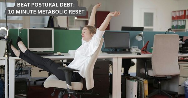 A woman stretching at an office desk to illustrate a 10 minute metabolic reset and postural debt recovery.