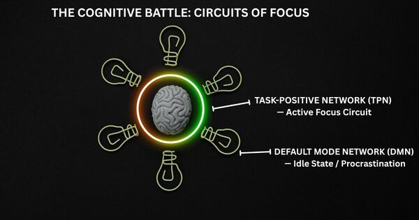 A neurological circuit chart illustrating the anti-correlated relationship between the Default Mode Network and the Task-Positive Network in the brain.