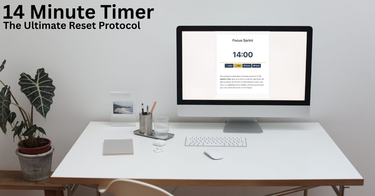 A clean minimalist desk workspace with a monitor displaying a 14 minute timer for a productivity reset protocol