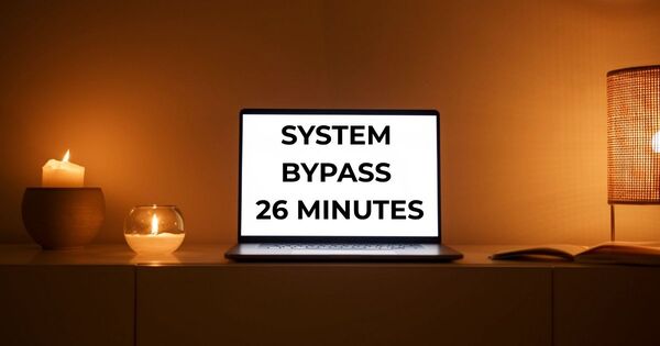 A minimalist, warm-lit workspace with a laptop screen displaying a system bypass and the 26 minute timer protocol for achieving cognitive recovery and peak high-velocity focus.