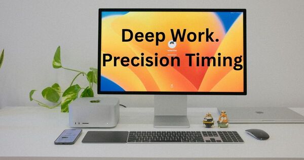 A minimalist workspace with a computer screen displaying Deep Work and Precision Timing for a 26 minute timer productivity session