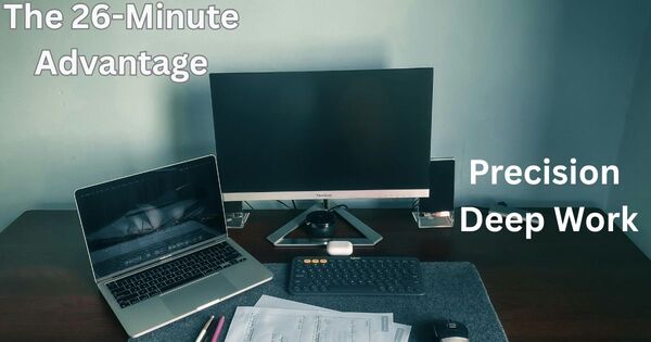 A clean workspace setup with a laptop, monitor, and planning paper, illustrating the environment needed for a 26-minute deep work session.