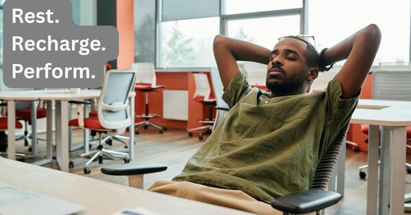 A professional resting during a 26 minute timer break to improve cognitive performance and focus.