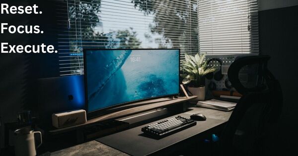 Modern dark home office workspace with clean desk for 4 minute focus timer sessions
