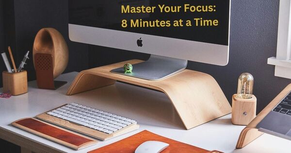 A person working at a clean desk using an 8 minute timer for focus
