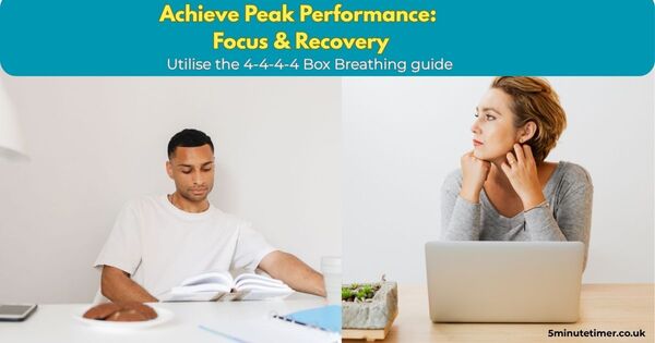 A man reading and a woman contemplating at their desks, illustrating the mental clarity and stress relief provided by the box breathing timer. This guide demonstrates how to balance focus and recovery using structured 4-4-4-4 breathing exercises.